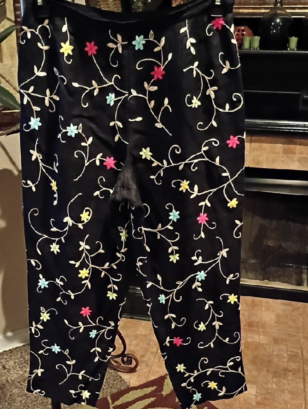 FINAL PRICE Talbots Irish Linen Black Pants with Multicolored Floral Embroidery - Picture 9 of 12